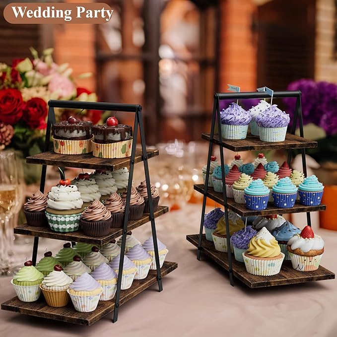 2 Pack Cupcake Stand 3 Tier Dessert Stand for 56 Cupcakes Dessert Table Display Set Wooden Cupcake Display Trays for Wedding,Birthday, Graduation, Party Decorations, Rustic Brown
