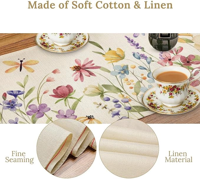 Watercolor Floral Table Runner, Colorful Spring Summer Nature Flower Dragonfly Pattern Print Table Runner for Kitchen Dinning Table Runner Decor Home Wedding Party Holiday, 13x90 Inch