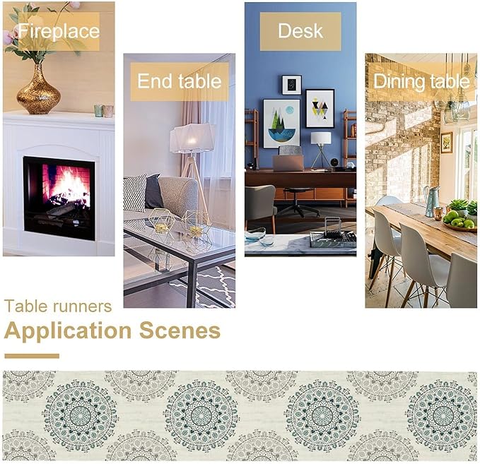 Boho Flower Table Runner, Bohemian Turquoise Mandala White Teal Floral Kitchen Dining Table Runners for Indoor Outdoor Home Party Holiday Decor, 13x36inch