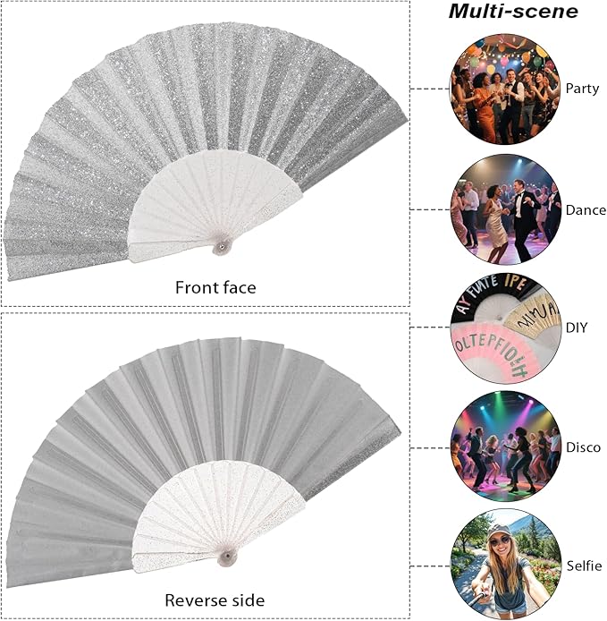 24 Pack Handheld Fan,Folding Hand Glitter fan with Shining Transparent Fan Rib – Ideal for Wedding, Church, Festival, Dance, Tea Party, Club, and EDM Accessories, Silvery