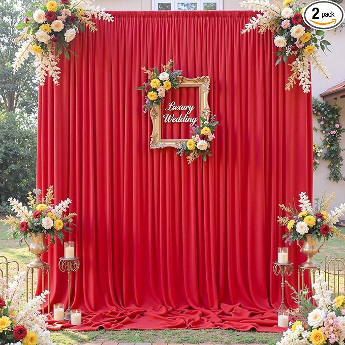 10×12ft Wrinkle Free Red Backdrop Curtain for Wedding Parties,2 Panels 5×12ft Long Soft Silky Polyester Backdrop Drapes Red Photo Back Drop Curtains for Photography Stage Christmas Background Cloth