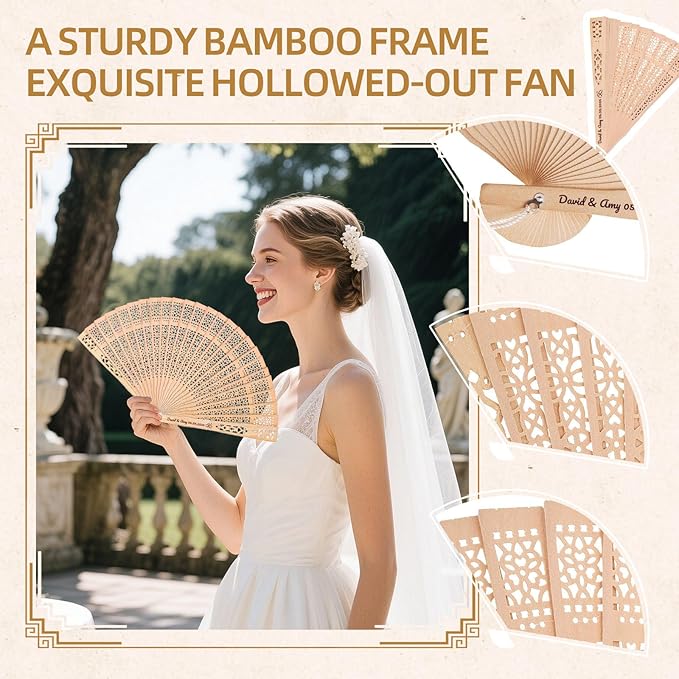 100pcs Personalized Wedding Fans for Guests - Custom Wooden Hand Fans with Names/Dates - Bulk Wedding Favors for Bridal Shower, Baby Shower & Parties (Wood, 100pcs)