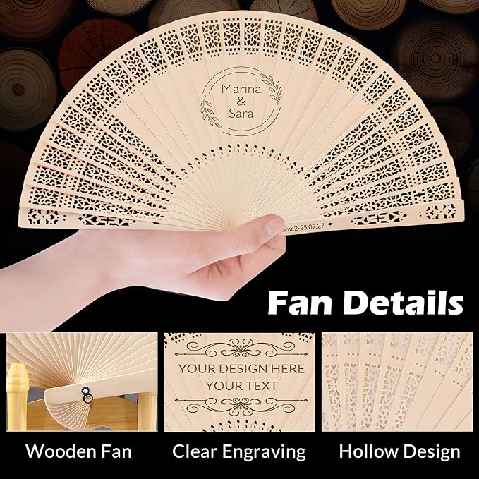 100 PCS Custom Fans Personalized Folding Fans for Line Dancing Wooden Hand Fan Wedding Favors Bulk Fans for Guests Party Event Use (Style09)