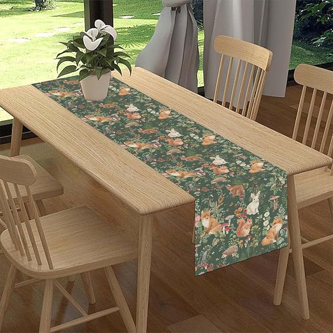 Rustic Forest Table Runner, Farmhouse Wild Woodland Animals Country Deer Fox Rabbits Watercolor Table Center Decor for Home Kitchen Dining Patio Holiday Party Outdoor Table Decorations, 13"x72" Inch