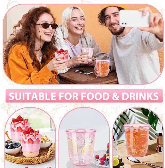 60 Pcs Disposable Stemless Clear Glasses 12 oz NATURAL Arc Crystal Plastic wine glasses Clear Classic Pet Cup for Meeting Weddings Birthdays Cocktail Christmas Party Supplies(Pink)