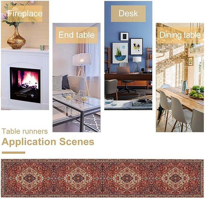 Boho Floral Vintage Table Runner, Paisley Retro Red Flower Rustic Country Farmhouse Abstract Pattern for Home Kitchen Table Decor Dining Coffee Room Party Decor 13x72in