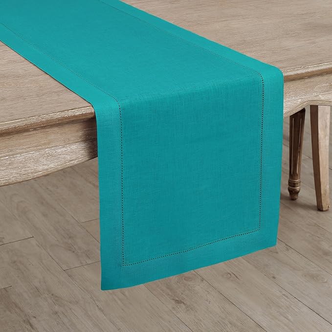 Solino Home Linen Teal Table Runner 132 Inches Long - 100% Pure Linen Extra Long Table Runner 14 x 132 Inch for Fall, Autumn - Classic Hemstitch