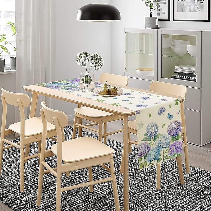 Spring Hydrangea Flower Table Runner, Seasonal Summer Plants Watercolor Florals Butterfly Dinner Runner for Home Kitchen Dining Table Party Holiday Decoration 13"x60"