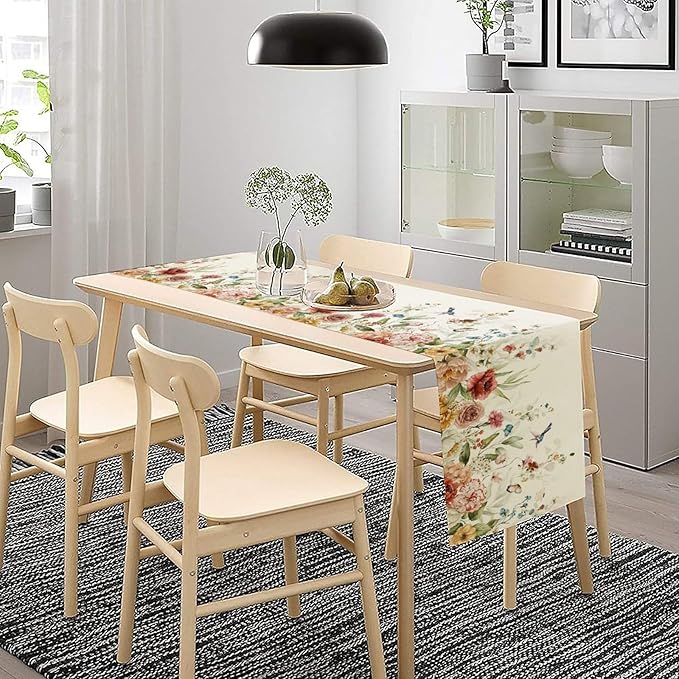 Rustic Floral Table Runner, Watercolor Flower Leaves Hummingbird Butterfly Farmhouse Kitchen Dinning Table Runner for Indoor Outdoor Home Wedding Party Holiday, 13x120 Inch