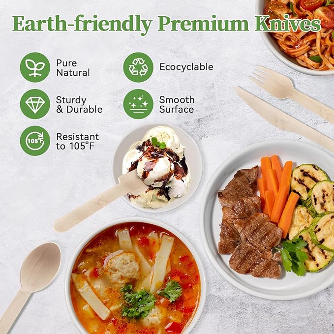 ECOLipak 300 Count Disposable Wooden Knives, Wooden Compostable Disposable Knives for Party, Camping, Traveling, Family Dinners