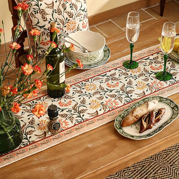 ISAENNE Designer French Elegant Linen Table Runner 102 Inches Long,Farmhouse Lily Pattern Decor Table Runners for Dining Tables,Thanksgiving,Kitchen Tables,Christmas,12"*102"-Aurora A