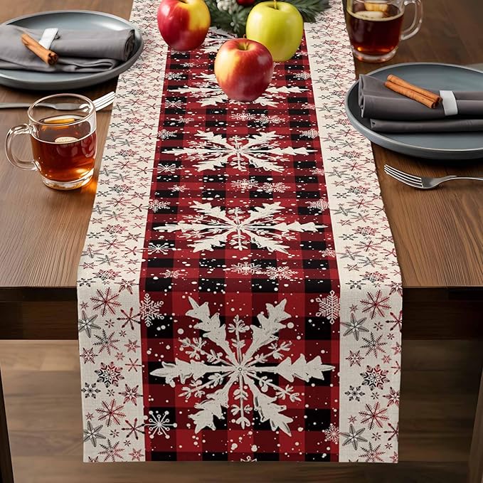 Buffalo Plaid Christmas Cotton Linen Table Runner for Dining Kitchen, Snowflake Red Black Check Wedding Outdoor Party Tablerunner Decoration,Retro Dresser Scarf Coffee Tablecloth Runners 13x108 Inches