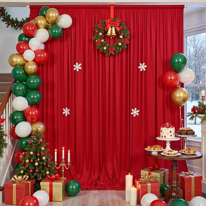 30×14ft Wrinkle Free Red Backdrop Curtain for Wedding Parties,6 Panels 5×14ft Height Soft Silky Polyester Backdrop Drapes Red Photo Back Ddrop Curtains for Event Photography Christmas Background Cloth