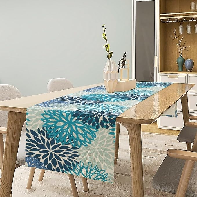 Floral Table Runner,Blue Flowers Print Spring Summer Table Cloth Kitchen Dining Table Home Party Decoration 13x120 Inch