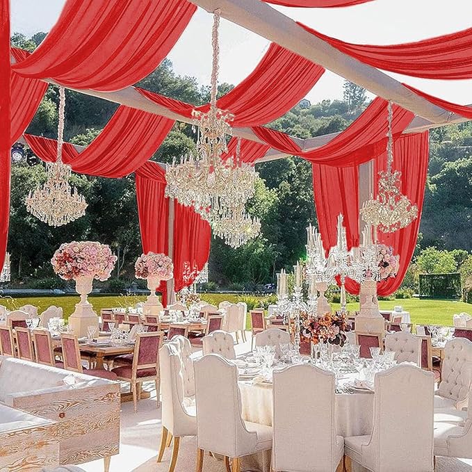MODFUNS Ceiling Draping Red Ceiling Drapes for Parties 5x30FT 2 Panels Chiffon Sheer Draping Fabric for Wedding Arch Drapery Curtains Tulle Arbor Drapes for Wedding Reception Birthday Curtains