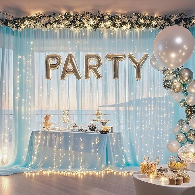 10×10ft Tulle Backdrop Curtains with Lights String - 300LED Fairy Lights Sheer Curtain Backdrop for Weddings Baby Shower and Birthday Party Decorations(4 Panels 5×10ft)