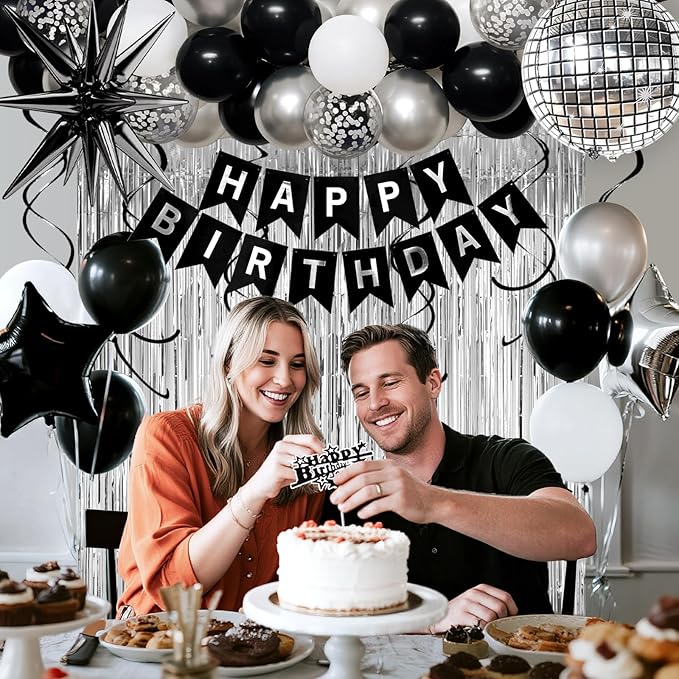 14th Birthday Decorations for Boys Girls, Black Silver Happy Birthday Party Decorations， 14 Year Old Party Supplies with Number 14 Balloons, Banner, Fringe Curtains Kit