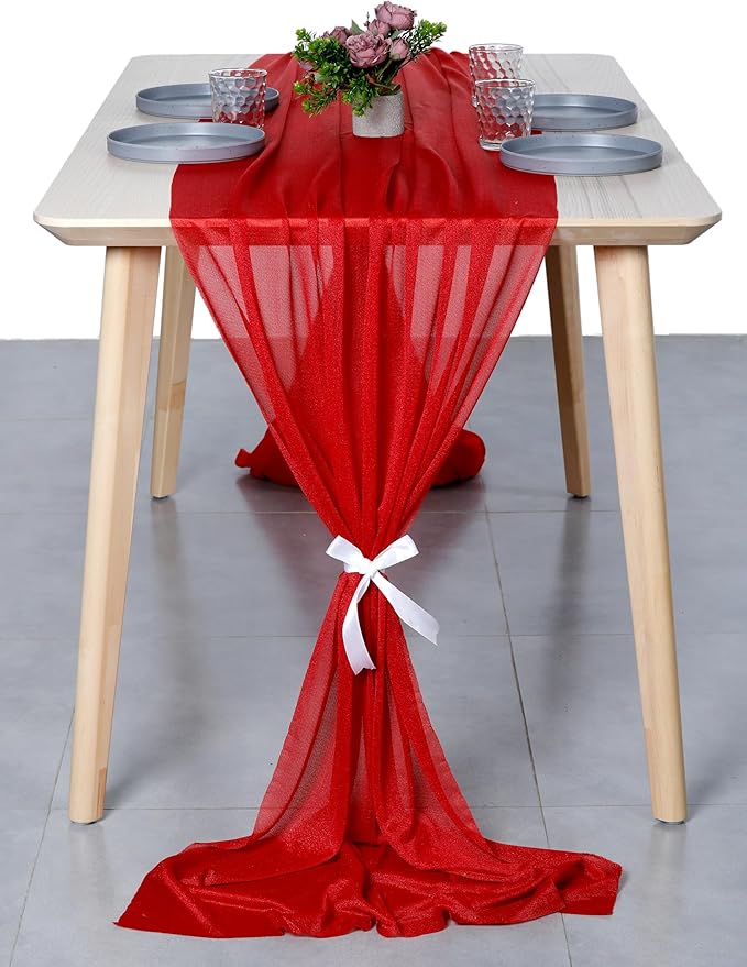 MDS 2 Pack 14ft Chiffon Table Runner 29 x 170 Inches Sheer Wedding Runner Romantic Rustic Table Runner for Wedding Decorations, Birthday Parties, Bridal Shower Party Arch Decor - Red