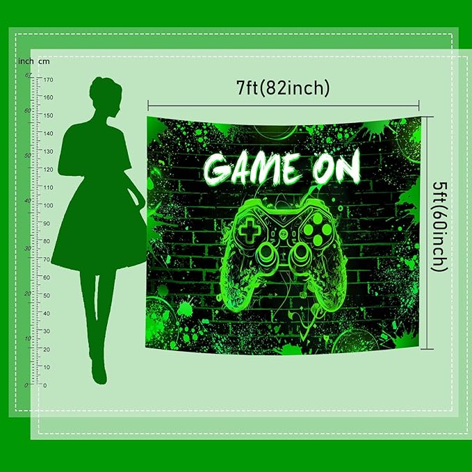 Mocsicka Game On Backdrop Video Game for Boys Level Up Birthday Party Decoration Game Night Arcade Neon Glow Gamer Banner Photography Background (Green, 7x5ft(82"x60"))