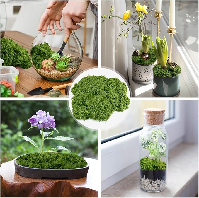 Fake Green Moss for Plants Indoor, 5.3OZ Artificial Moss for Potted Plants Decor, DIY Decorative Moss for Crafts Fairy Garden Floral Wedding Model Making Glass Containers Home (150g)
