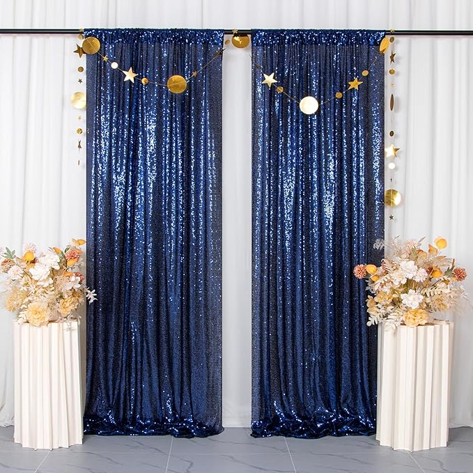ShinyBeauty Navy Blue Backdrops 2 Pieces Sequin Curtains 4FTx7FT Photograph Background Shimmer Curtain Panels Sequins Fabric Glitter Backgrounds for Wedding, Party, Photobooth Decor