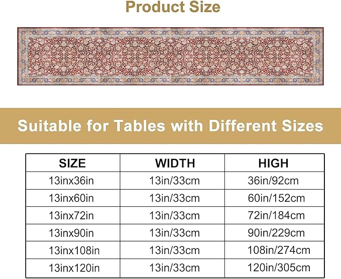 Boho Bohemia Style Table Runner, Vintage Red Blue Retro Flower Rustic Country Style Floral Print Pattern for Home Kitchen Table Decor Dining Coffee Room Garden Party Decor 13x60in