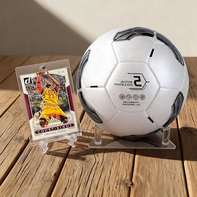 Ball Display Stand with Card Display Stand, Transparent Acrylic Sleek Holder for Different Size Basketball, Soccer Ball, Football, Small Easel Holder Stand for Trading Card Holder-2 Packs