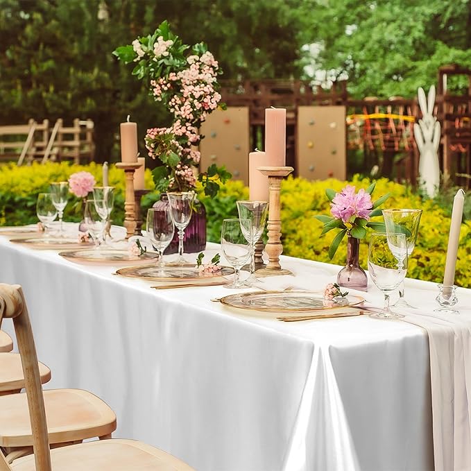 TURSTIN 8 Packs White Satin Tablecloth 102 x 58 Inch Overlay Satin Table Cover Rectangle Bright Silk Tablecloth Smooth Fabric Table Decoration for Wedding Banquet Party Events