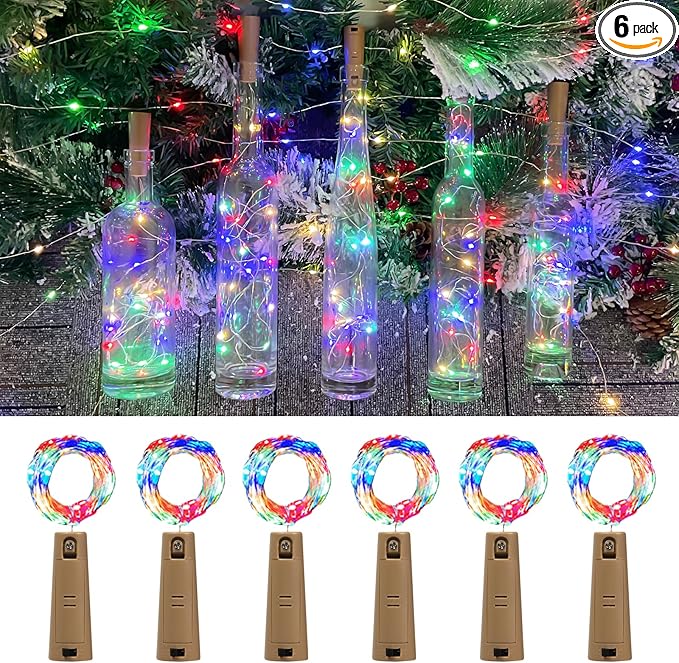 Dual Battery Pack LED Bottle Lights, 6.6ft 20led Double The Lighting Time, for Indoor and Outdoor use, for Christmas,(6 Pack, Multicolour（Dual Battery Pack）)