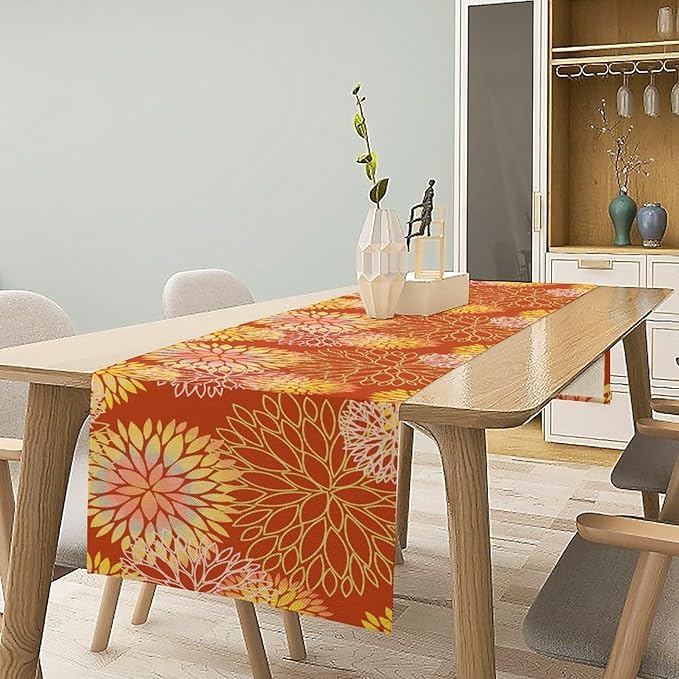 Yellow Floral Table Runner, Chrysanthemum Autumn Spring Summer Vintage Modern Linen Geometric Table Runner for Kitchen Living Room Bedroom Party Holiday, 13x108 Inch
