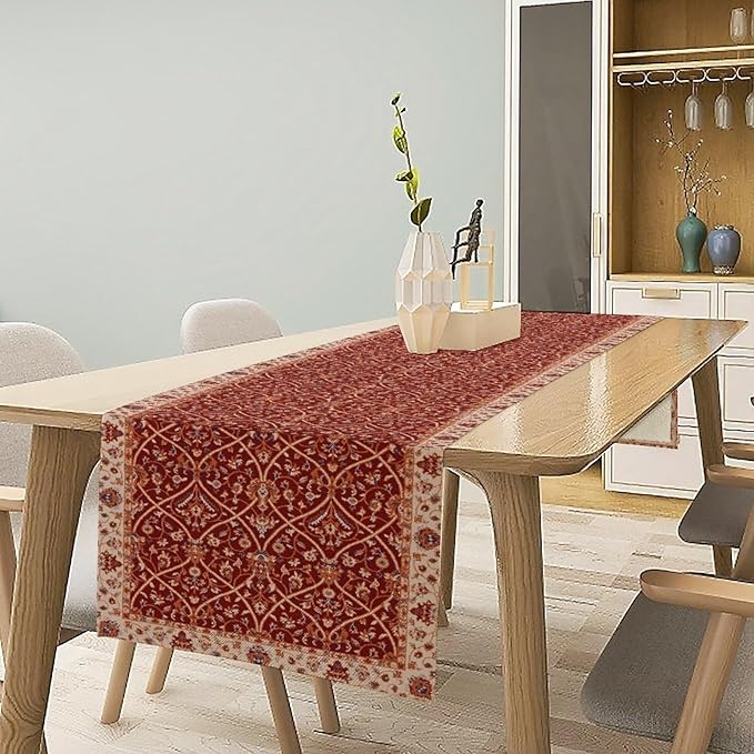 Boho Floral Vintage Table Runner, Red Retro Flower Rustic Country Farmhouse Abstract Pattern for Home Kitchen Table Decor Dining Coffee Room Party Decor 13x108in