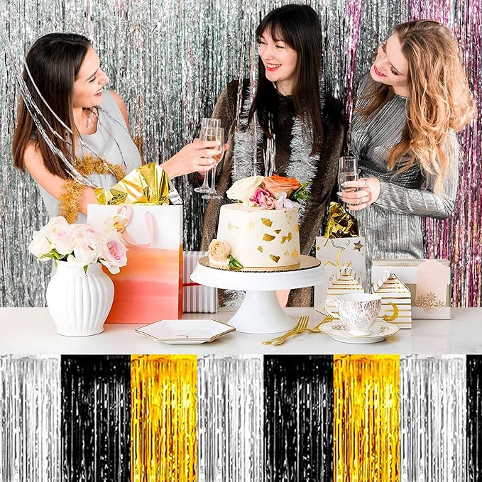 3 Pack 29 x108 Inch Black and Gold Foil Fringe Table Skirts Metallic Banner for Tinsel Streamer Garland Backdrop for Parade Floats Mother's Day, Graduate, Birthday, Wedding Party Decoration