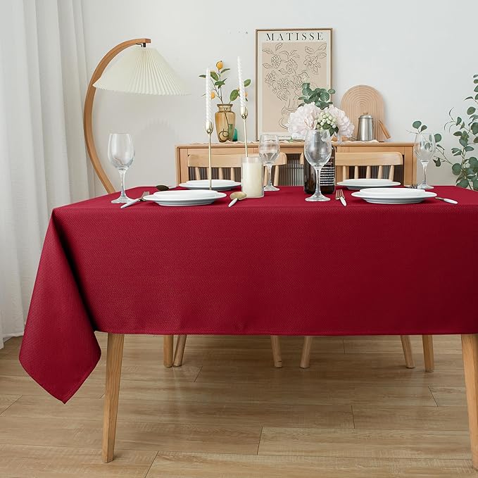 Biscaynebay Textured Fabric Christmas Rectangle Table Cloth 90x156 Inch, Red Water Resistant Tablecloths for Dining, Kitchen, Wedding and Parties, Machine Washable