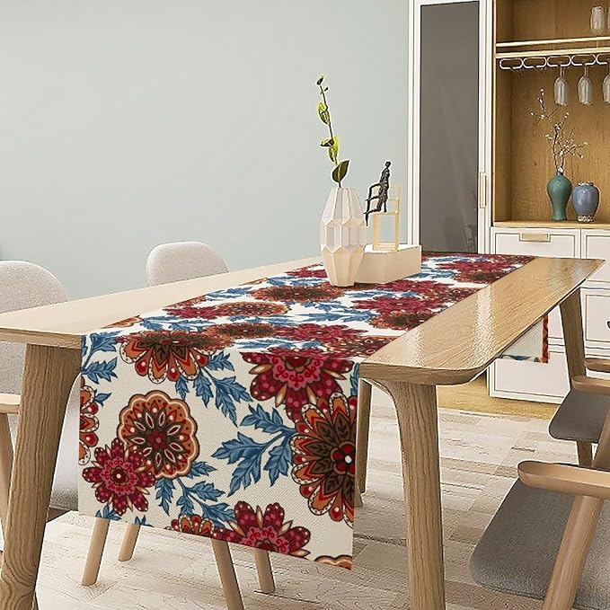 Mandala Flower Table Runner, Vintage Oriental Exotic Native Red Floral Blue Branch Leaves Botanical Print Table Runner for Farmhouse Kitchen Dining Table Decor, 13x36inch