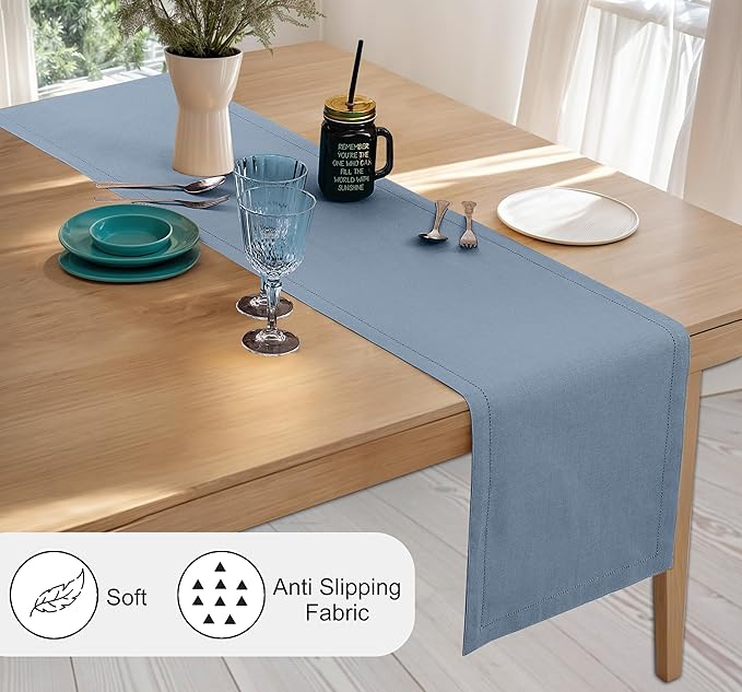 Ruvanti Linen Table Runner 48 Inches, Classic Hemstitch, Washable, Reusable, Non-Slipping, Stain Resistant- Perfect for Parties, Weddings, Dinners, Thanksgiving, Christmas, Indoor use – Grey