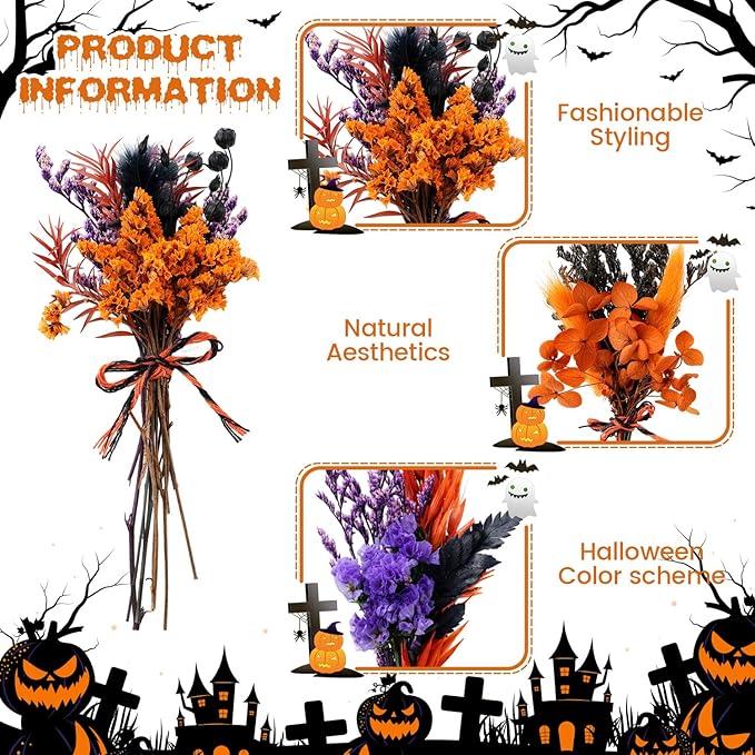 10/12/24/36 Pack Mini Dried Flowers for Vase Wedding Various Mini Bouquet Dried Small Wildflowers Natural Flowers Bulk for Crafts DIY Decor (12, Halloween Color1)