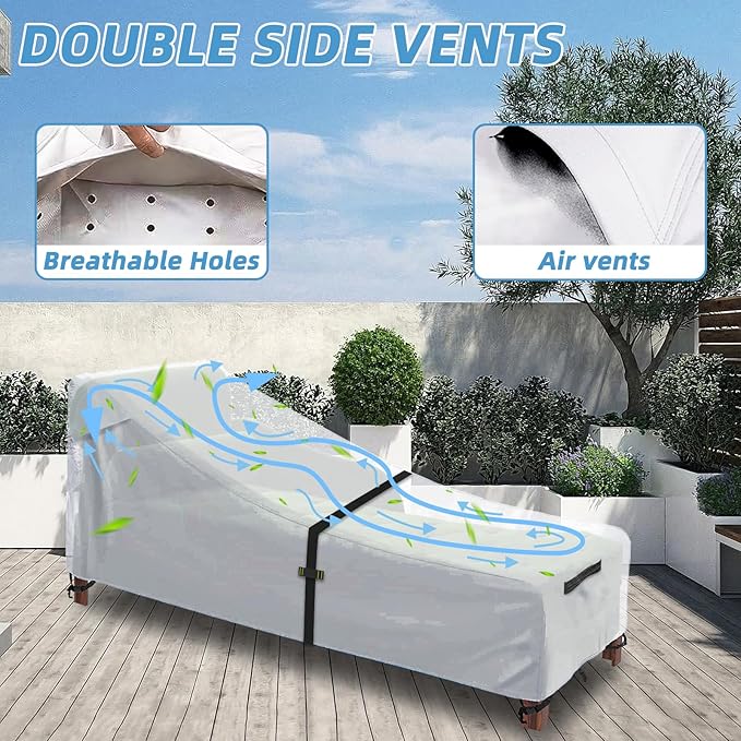 Patio Chaise Lounge Cover with Handles, Outdoor Lounge Chair Cover Waterproof UV Resistant, Patio Furniture Covers with Air Vent (84L x 32W x 32H) inch