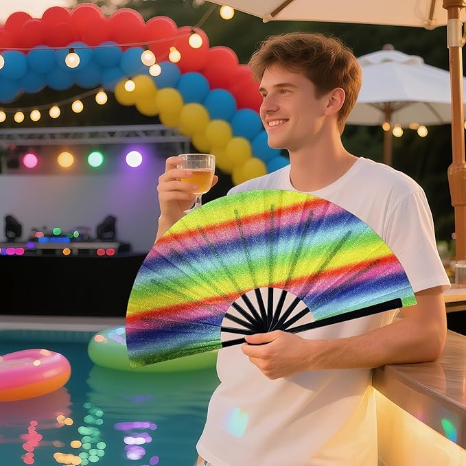 13'' Large Glitter Rave Fan Folding Hand Fans for Men Women Line Dancing Portable Handheld Clack Fan for Festival EDM Party Music Outfit Accessories