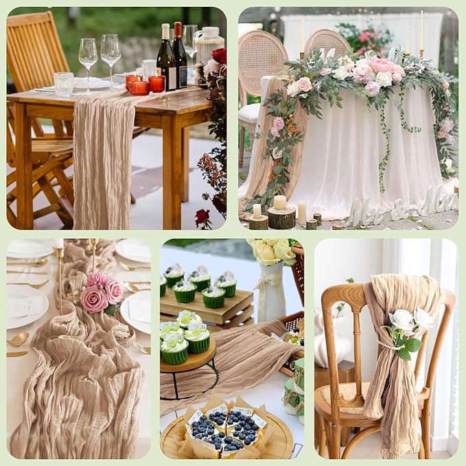 Asee'm 12pcs Cheesecloth Table Runner 120 Inches Long Nude Boho Gauze Cheese Cloth Runner 10FT Rustic Sheer Table Runners for Christmas Wedding Party Baby Shower Spring Easter Decoration