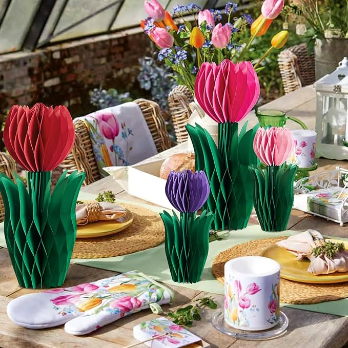 SUNBEAUTY 8 PCS Flower Honeycomb Decoration - Red Tulip Decor for Mother's Day and Spring - Table Centerpieces