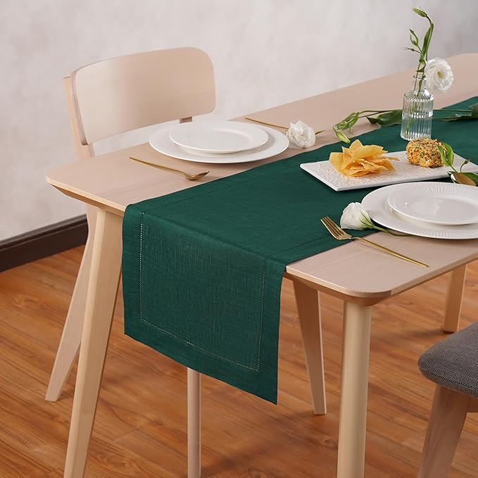 100% Pure Linen Green Table Runner 14 x 36 Inch - Small Hemstitch Christmas Table Runner - Cloth Fabric Runner for Thanksgiving, Winter, New Year - Elara