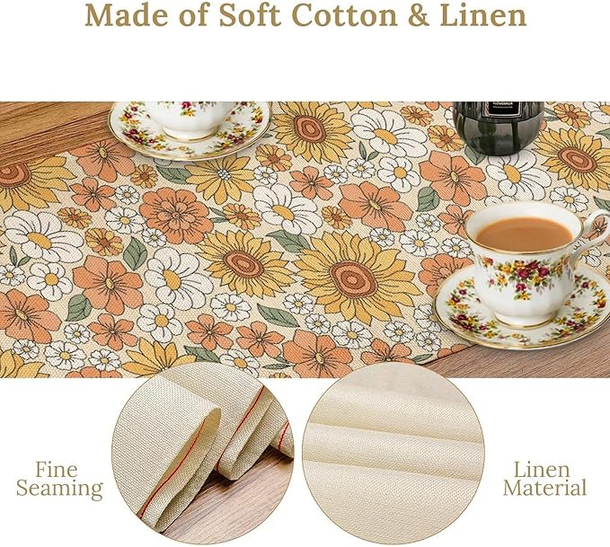 Vintage Floral Table Runner,Boho 70s Style Retro Daisies Flower Table Runner for Kitchen Dining Table Home Party Decoration 13x60 Inch