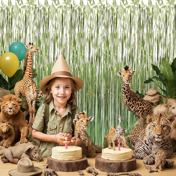 GOER 3.2 ft x 8.2 ft Metallic Tinsel Foil Fringe Curtains Party Photo Backdrop Party Streamers for Birthday,Graduation,New Year Eve Decorations Wedding Decor (4 Pcs,Sage Green)