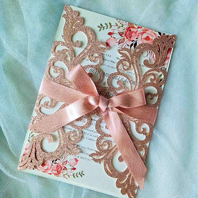 25PCS Rose Gold Laser Cut Wedding Invitations Cards with Envelopes,Blank Inner Sheets,Ribbons for Wedding Bridal Shower Quinceañera Engagement Birthday Invites, rose gold glitter