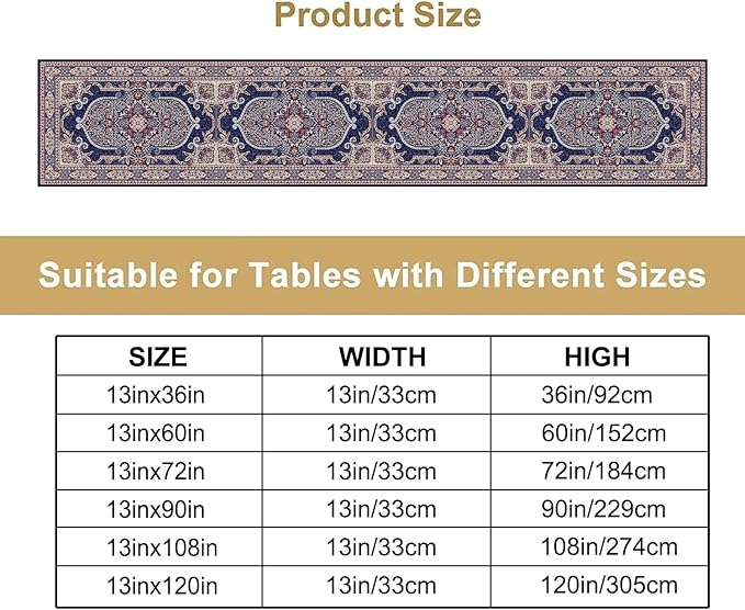 Boho Floral Vintage Table Runner, Blue Purple Retro Flower Rustic Country Farmhouse Pattern for Home Kitchen Table Decor Dining Coffee Room Party Decor 13x108in