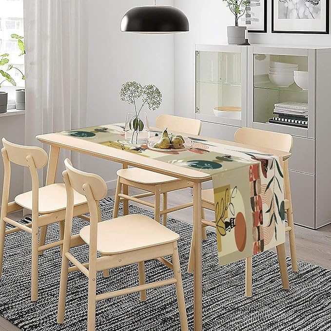 Mid Century Table Runner,Abstract Boho Plant Leaf Botanical Cat Modern Geometric Pattern Print Burlap for Hotel Indoors Outdoor Dining Room Kitchen Home Decor, 13x60in
