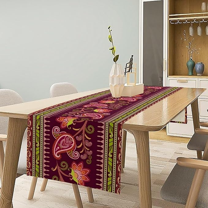 Dark Red Paisley Table Runner, Vintage Boho Paisley Flowers Geometric Print Table Cover for Farmhouse Wedding Party Home Kitchen Dining Table, 13x90inch