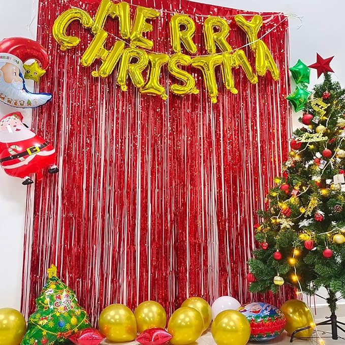Foil Fringe Curtain Christmas Party Decorations - Red Metallic Tinsel Photo Booth Backdrop Party Steamers Curtains for Christmas New Years Valentines Engagement Celebration Party
