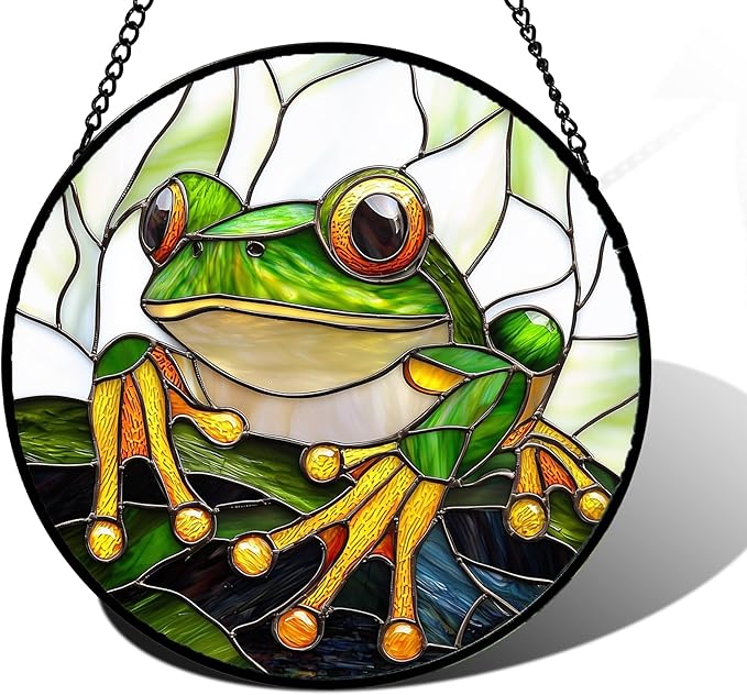 Stained Glass Window Hanging, Green Frog White Petals Sun Catchers Colorful Glass Panel Cute Suncatcher Decor for Birthday for Women, Men, Wife, Aunt, and Mom 11.8x11.8 in