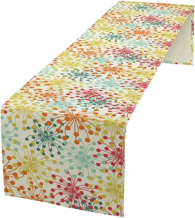 Mid Century Flower Table Runner, Colorful Geometric Abstract Chrysanthemum Vintage Farmhouse Decorations Orange Yellow Gray Table Runner for Kitchen Dining Holiday Party Decor, 13x90 Inch